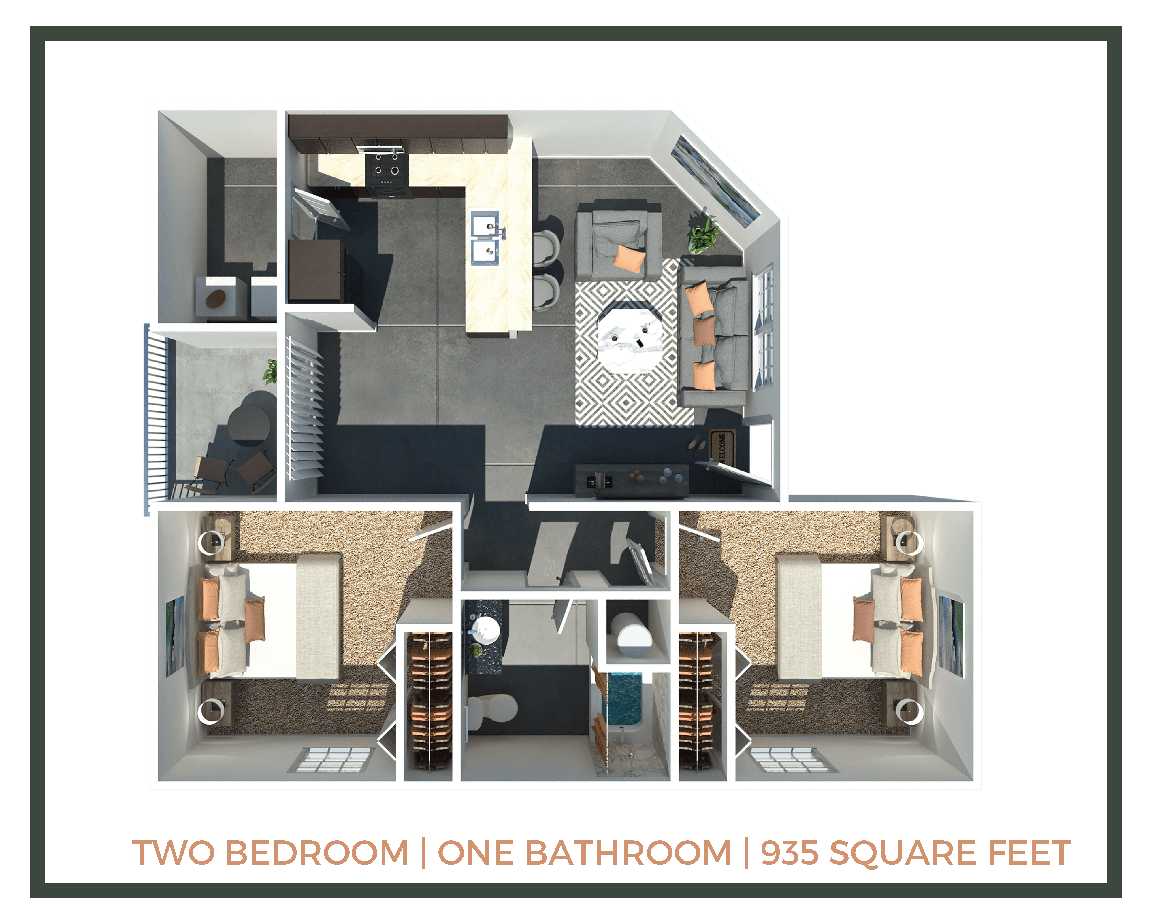 Floor plan for 2 beds, 1 bath, 935 sqft